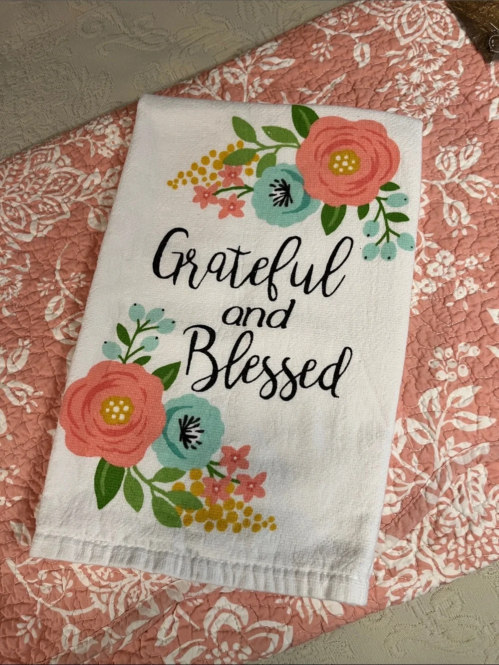 Grateful and Blessed White Floral Kitchen Towel